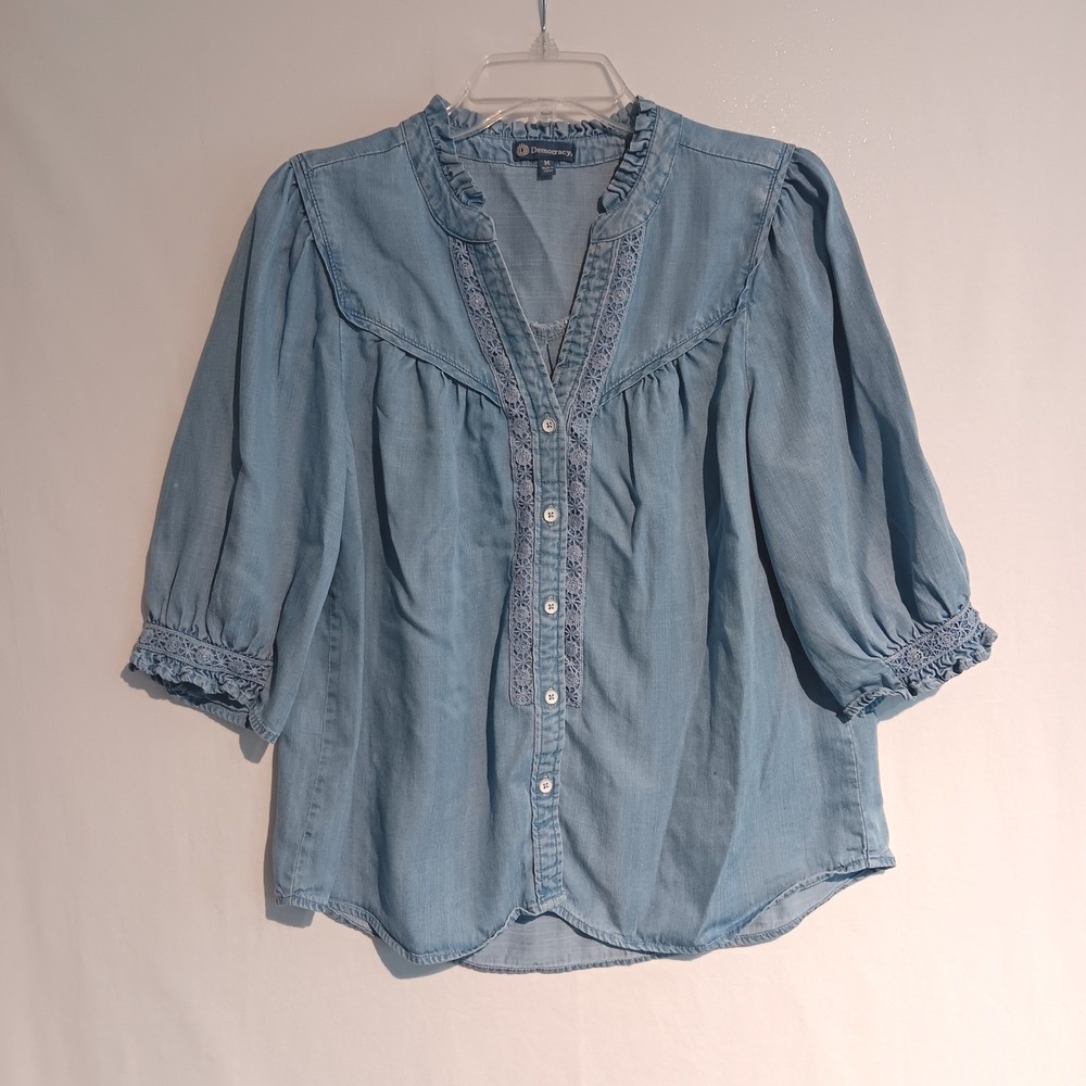 Democracy Blouse Womens Medium Blue Good Lyocell Lace Trim Ruffle B75440JCF
